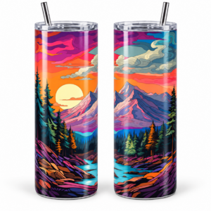 Rainbow Mountain Sunset Psychedelic 20 oz Tumbler artwork shown on a skinny stainless-steel tumbler