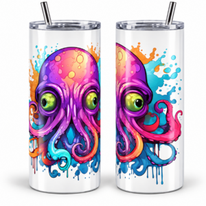 Rainbow Octopus Psychedelic 20 oz Tumbler artwork shown on a skinny stainless-steel tumbler