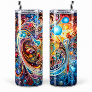 Rainbow Paisley Swirls Psychedelic 20 oz Tumbler artwork shown on a skinny stainless-steel tumbler