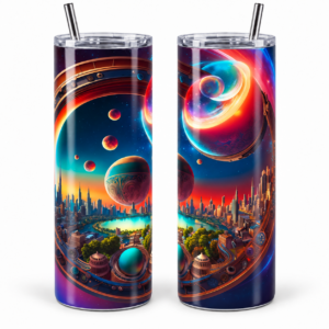 Rainbow Planet Galaxy Psychedelic 20 oz Tumbler artwork shown on a skinny stainless-steel tumbler