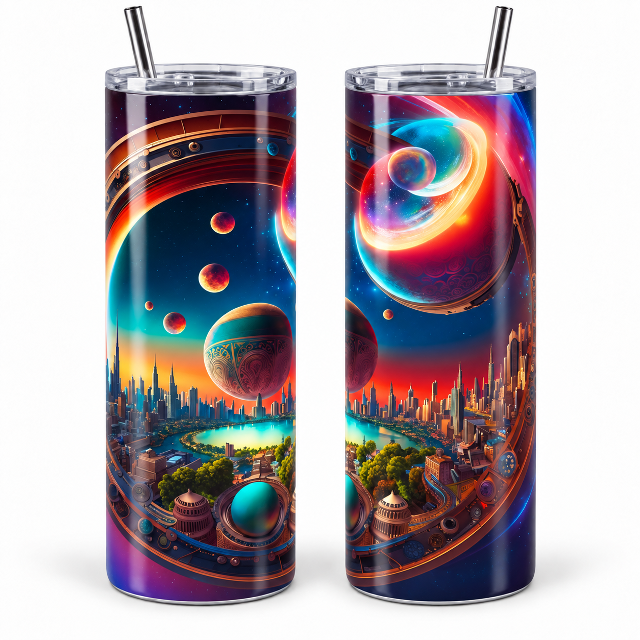 Rainbow Planet Galaxy Psychedelic 20 oz Tumbler Rainbow Planet Galaxy Psychedelic 20 oz Tumbler artwork shown on a skinny stainless-steel tumbler
