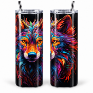 Rainbow Wolf Psychedelic 20 oz Tumbler artwork shown on a skinny stainless-steel tumbler