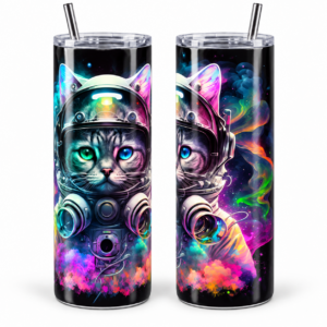 Space Cat Astronaut Psychedelic 20 oz Tumbler artwork shown on a skinny stainless-steel tumbler