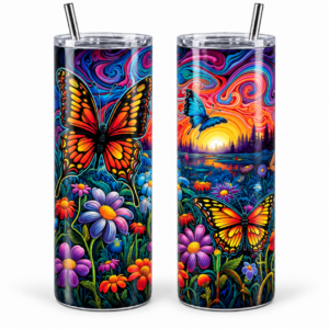 Sunset Butterfly Garden Psychedelic 20 oz Tumbler artwork shown on a skinny stainless-steel tumbler