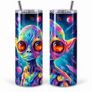 Wide Eyed Cosmic Alien Psychedelic 20 oz Tumbler artwork shown on a skinny stainless-steel tumbler